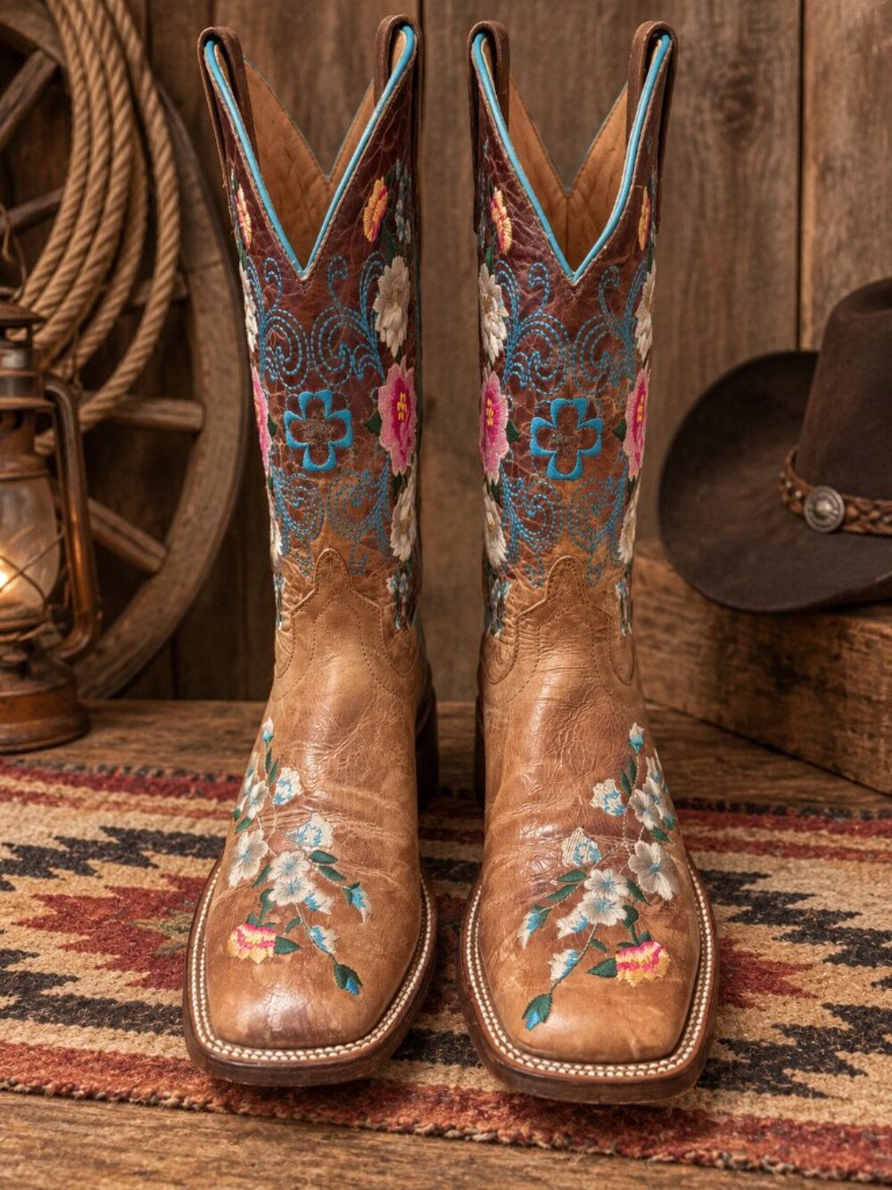 Women’s Macie Bean Brown Leather Cowboy Boots Floral Embroidered Turquoise Weste